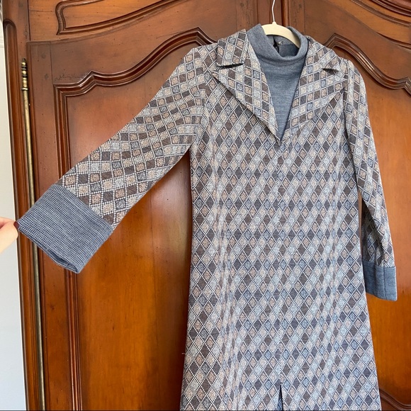 Vintage 60s 70s Lord & Taylor Mod Argyle Knit Collar Shift Dress - Picture 8 of 13